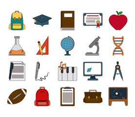 school education knowledge elements flat icons set with shadow