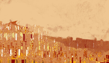 Abstract digital painting of a golden city landscape, brush stroke beautiful illustration
