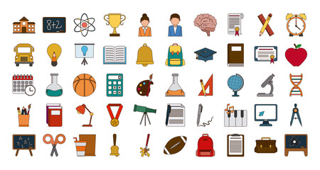 school education knowledge elements flat icons set with shadow
