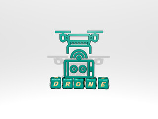3D illustration of DRONE graphics and text made by metallic dice letters for the related meanings of the concept and presentations. aerial and view