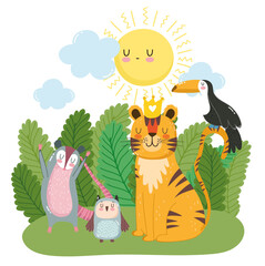 cute tiger toucan owl opossum on grass bushes nature wild cartoon