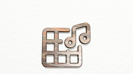 modern music mix from a perspective on the wall. A thick sculpture made of metallic materials of 3D rendering. illustration and background