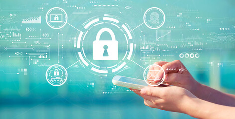 Internet network security concept with person holding a white smartphone