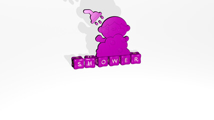 3D illustration of shower graphics and text made by metallic dice letters for the related meanings of the concept and presentations. baby and background