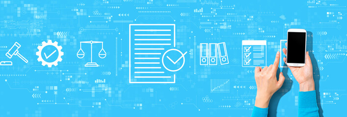 Compliance concept with person using a smartphone on a blue background
