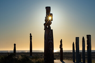 Traditional maori carvings part of Ātea a Rangi star compass, Clive, New Zealand