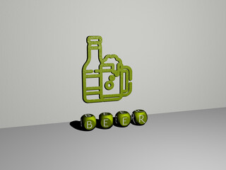 3D illustration of beer graphics and text made by metallic dice letters for the related meanings of the concept and presentations. alcohol and background