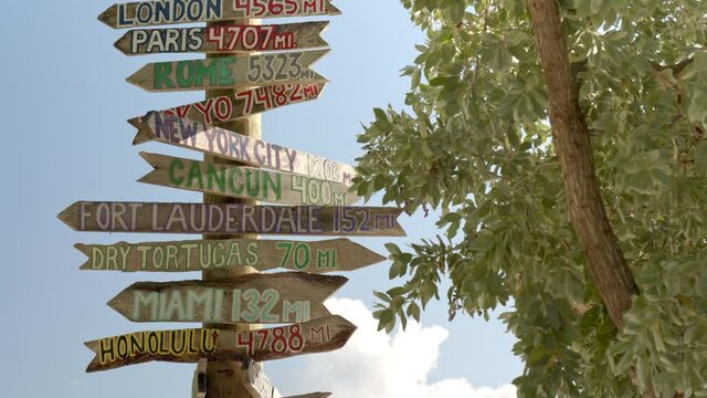 City direction wooden sign post on the beach in Key West Florida USA