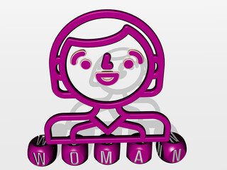 3D graphical image of woman vertically along with text built by metallic cubic letters from the top perspective, excellent for the concept presentation and slideshows. beautiful and young