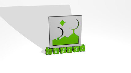 3D representation of FOREST with icon on the wall and text arranged by metallic cubic letters on a mirror floor for concept meaning and slideshow presentation. background and beautiful