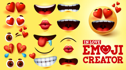 Emoji smiley in love vector creator set. Smiley emojis kit with hearts and in love face with editable facial expression for emoticon design and symbol element. Vector illustration
