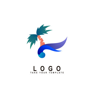 beach logo, coconut tree and wave design template