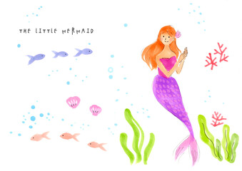 かわいい　人魚　マーメイド　人魚姫　ほっこり　イラスト素材　イラスト　絵本　童話　プリンセス　手描きイラスト　手書き　物語　挿絵　海　魚　海藻　　カラフル　イラストセット　イメージ　可愛い　ほのぼの