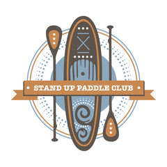 Round logo template for stand up paddling club. Vector athletic labels, stickers and badges. Vector flat design style illustration of icons. 