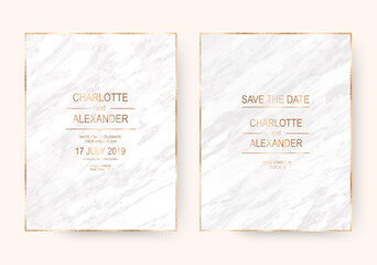 Delicate marble wedding design invitation cards with gold metallic frame.