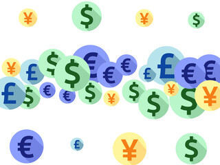 Euro dollar pound yen round symbols flying money vector illustration. Income pattern. Currency 