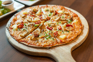 pizza on a wooden board