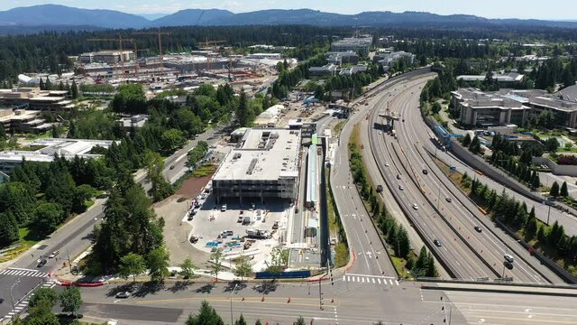 Drone footage of construction in Redmond, Washington near the Microsoft corporate headquarters and SR 520