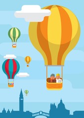 hot air balloon flying over cityscape