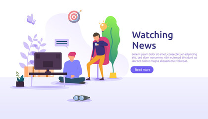 watching TV daily news vector illustration concept with people character. template for web landing page, banner, presentation, social, poster, ad, promotion or print media.