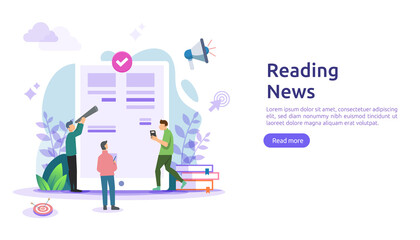reading newspapers and online news article media on smartphone concept with people character. flat illustration template for web landing page, banner, presentation, social, poster, ad or print media