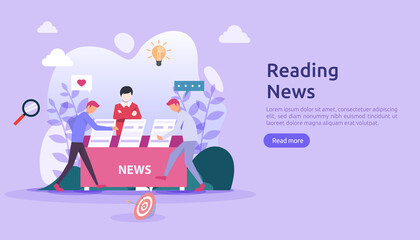 reading newspapers and online news article media on smartphone concept with people character. flat illustration template for web landing page, banner, presentation, social, poster, ad or print media