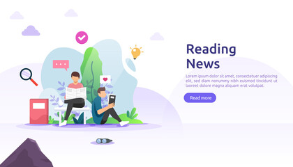 reading newspapers and online news article media on smartphone concept with people character. flat illustration template for web landing page, banner, presentation, social, poster, ad or print media