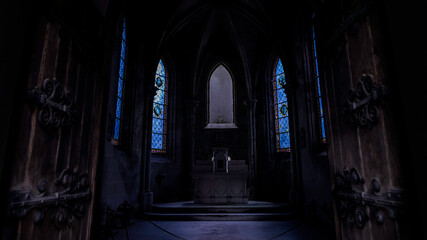 interior of gothic church at night