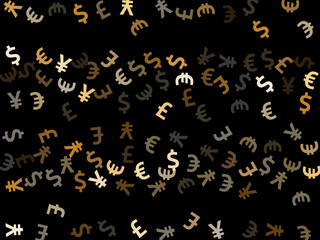 Euro dollar pound yen metallic icons flying money vector illustration. Sale backdrop. Currency 
