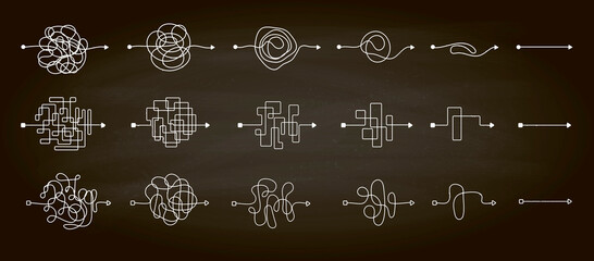 Set of messy clew symbols line of symbols with scribbled round element, consept of transition from the complicated to simple, isolated on a chalkboard background Vector illustration.