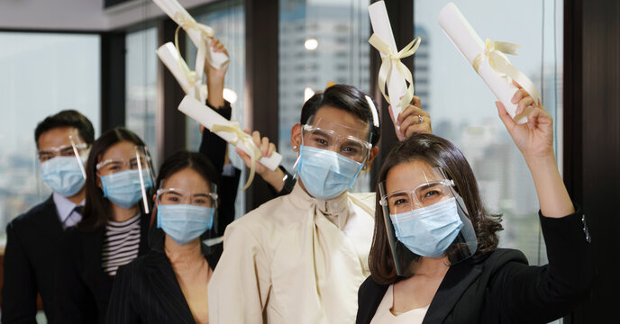 business certificate and reward receiving ceremony with wearing mask