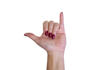 Hand with hang loose sign isolated on white background