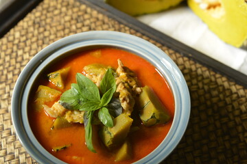 Thai curry Soup with Pumpkin, Pork and Thai herb ingredient.