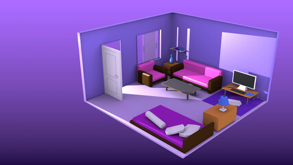 3d rendering isometric purple interior background