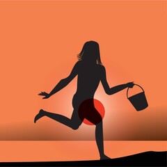 Fototapeta na wymiar silhouette of woman running with bucket