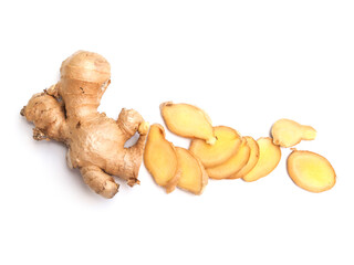 Top view of Fresh sliced ​​ginger and ginger root isolated on white background