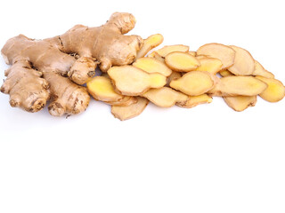 Top view of Fresh sliced ​​ginger and ginger root isolated on white background