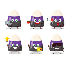 Blue candy corn cartoon character with various types of business emoticons