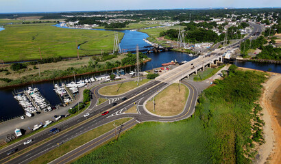 Panoramic high angle drone view of in the beautiful marina in beach boats piers