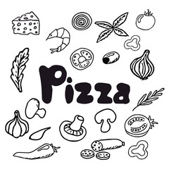 Italian pizza and ingredients. Italian food menu design template. Pizzeria menu design template. Vintage hand drawn sketch vector illustration. Engraved image.