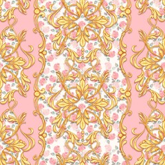 Seamless baroque pattern with pink roses and golden scrolls