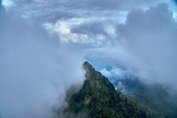Beautiful panoramic aerial drone view of mountain in National Park High Tatra. northern Slovakia, Europe, EU. Beautiful world. Rysy - mountain between Poland and Slovakia.