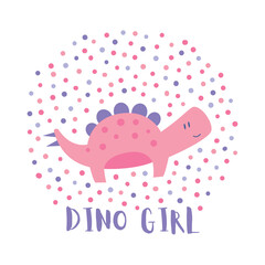 Cute Cartoon Style Pink Girl Stegosaurus Illustration with polka dot background.