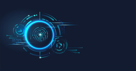 Cyber security and data protection concept banner with global sign, fingerprint and privacy policy. Abstract futuristic technology with blue background.