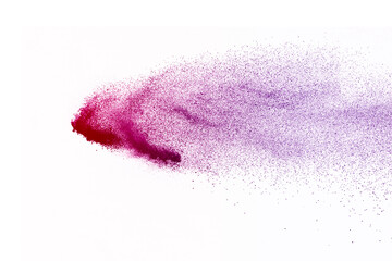 Purple powder explosion on white  background. Colored cloud. 