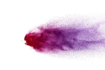 Purple powder explosion on white  background. Colored cloud. 