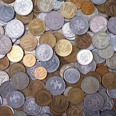 Russian coins metal money rubles and kopecks.