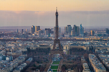 Aerial view of city Paris, the capital in France, at sunset.