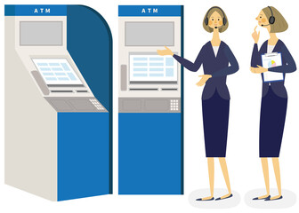 ATMの前で説明するビジネスウーマン