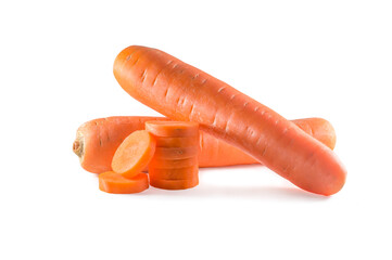 Fresh red carrots with slices on white background